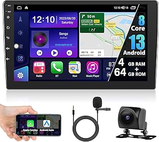 4+64G Android 13 Car Stereo with Wireless Apple Carplay Android Auto,10.1” HD Touchscreen 8 Core Car Radio with Mirror Link WiFi/4G GPS Bluetooth FM/AM/RDS Intelligent Voice Control+AHD Backup Camera