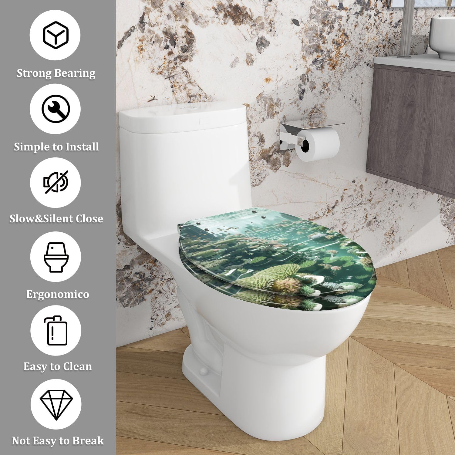 Elongated Toilet Seat Vibrant Coral Structures Sunlit Sea Resin Toilet Seat Quietly Close Quick Release Hinges Decorative Toilet Seat with Cover Easy to Install