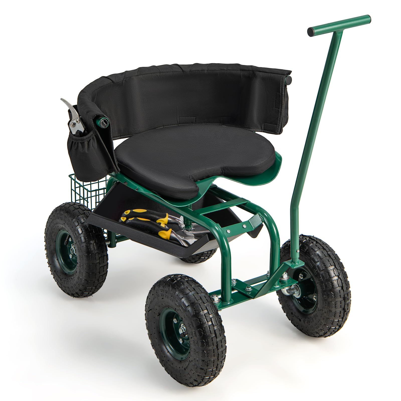 RELAX4LIFE Rollsitz, Gartenrollsitz 360 ° Drehbar & Höhenverstellbar 42-52cm, Fahrbarer Arbeitssitz mit 2 Griffen Korb Ablage Sitzkissen, Gartensitz mit 4 Rädern, bis 150kg Belastbar, für Gartenarbeit