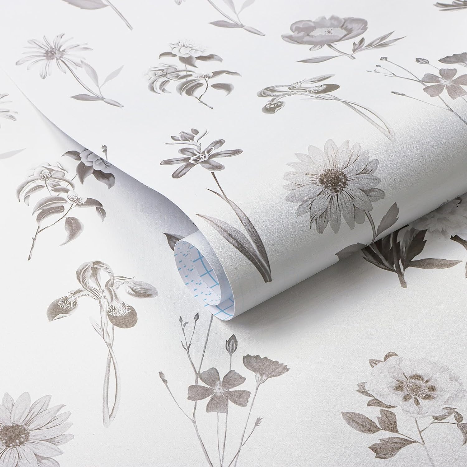 Ismoon Floral Peel and Stick Wallpaper Boho Wallpaper White/Grey Contact Paper Removable Stick on Wall Paper Self Adhesive Vinyl Wallpaper for Bedroom Cabinet Shelf Renter Friendly 17.3x78.7in