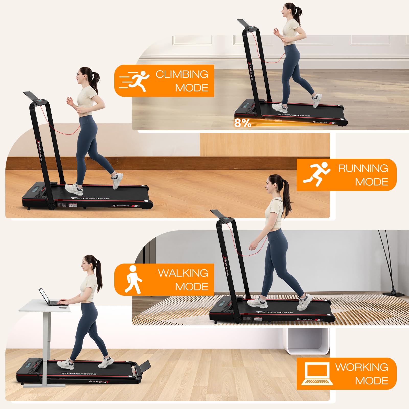CITYSPORTS Tapis de Course, Tapis de Marche Électrique Pliable, Inclinaison Tapis de Course Pliable, Une Utilisation à Domicile ou au Bureau, Peu encombrant (Rouge Noir)
