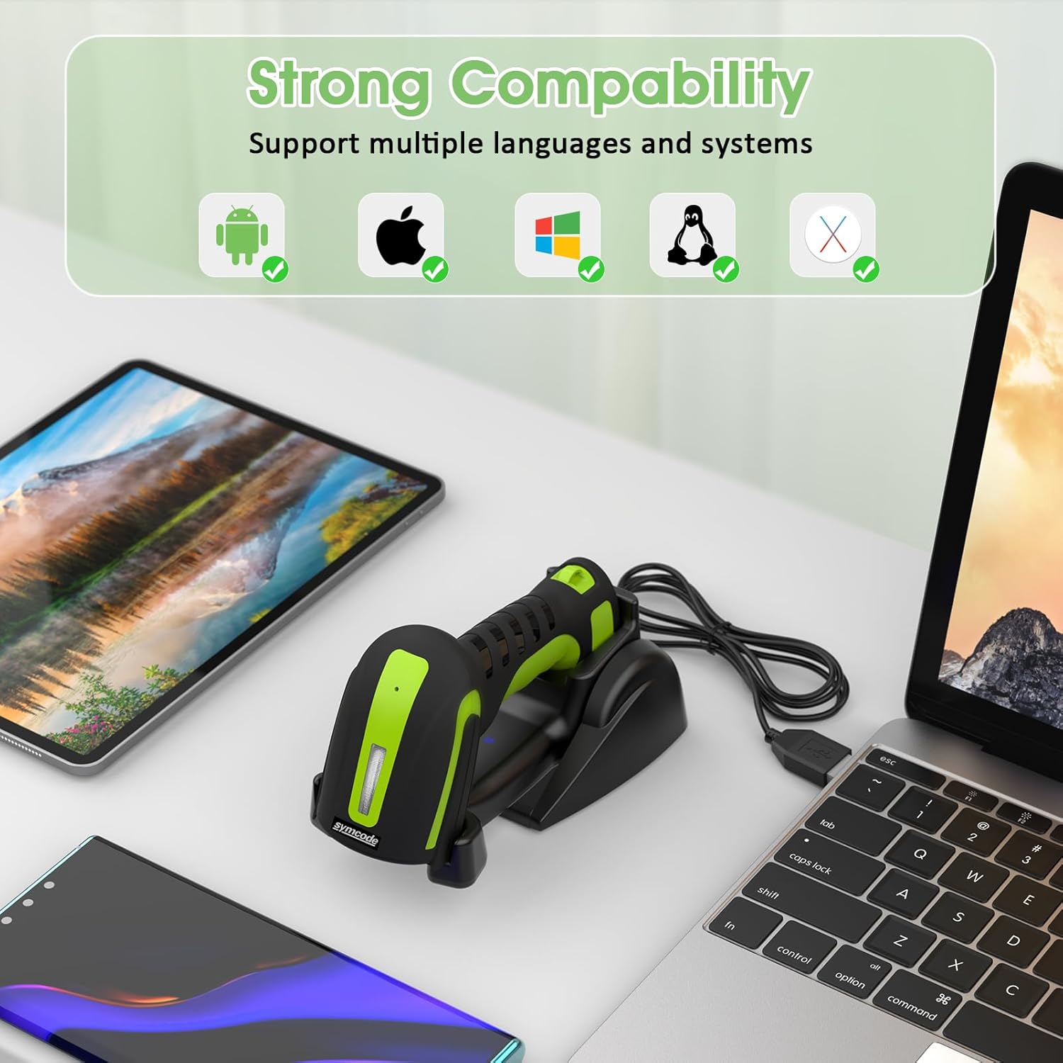 Symcode Bluetooth 2D QR Barcode Scanner with Charging Stand,Industrial Dustproof and Waterproof 3 in 1 Compatible with Bluetooth & 2.4GHz Wireless & Wired Connection with Vibration Alert Green