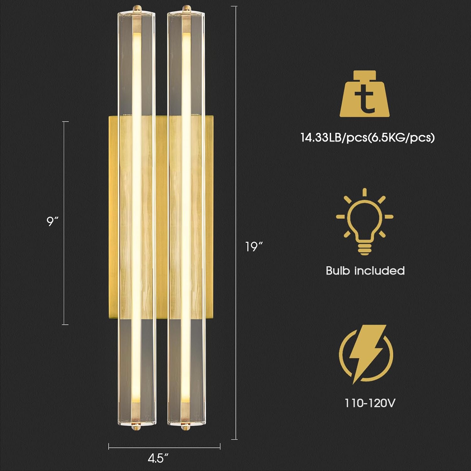 Crystal Wall Sconce, 19'' Brass Bathroom Wall Sconce, Modern Double Sconce Wall Lighting, K9 Crystal Gold Wall Light, Bedroom Vanity Sconce, Wall Lamp for Living Room, Stairway, Entryway, Hallway