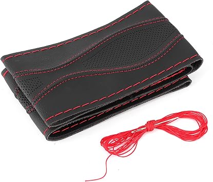Steering Wheel Cover, 38Cm/15In Leather Steering Wheel Wrap Cover Hand Stitching Embossing with Needle and Thread Universal, Car Accessories Steering Black Red