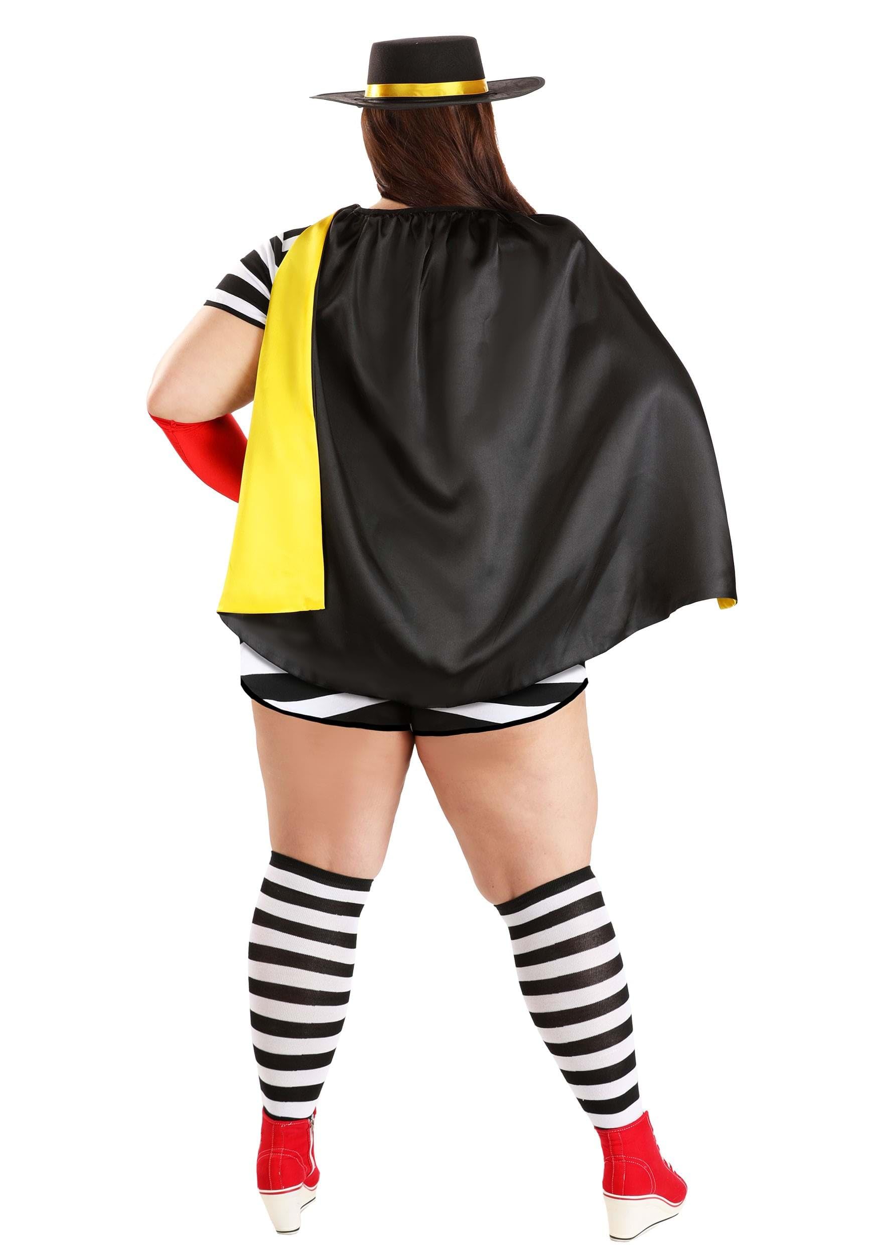 Costume da Hamburglar da donna, taglie forti, divertente pagliaccetto con cappello, maschera, mantello, guanti e calzini