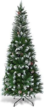 COSTWAY 5FT/6FT/7.5FT Artificial Christmas Tree, Snow Flocked Pencil Trees with Pine Cones and Metal Stand, for Xmas Indoor D cor