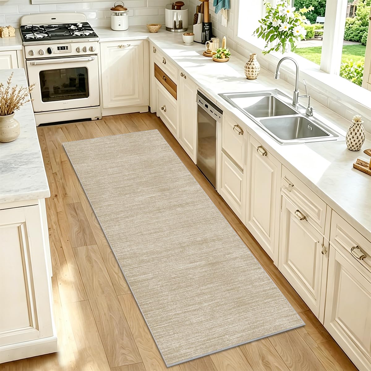 Tapis Couloir Long 70 x 250cm Tapis de Cuisine Antiderapant et Lavable Vintage Tapis de Passage Tapis Cuisine Devant Evier Tapis de Sol Tapis Porte Entree Interieur Tapis Chaise de Bureau Beige