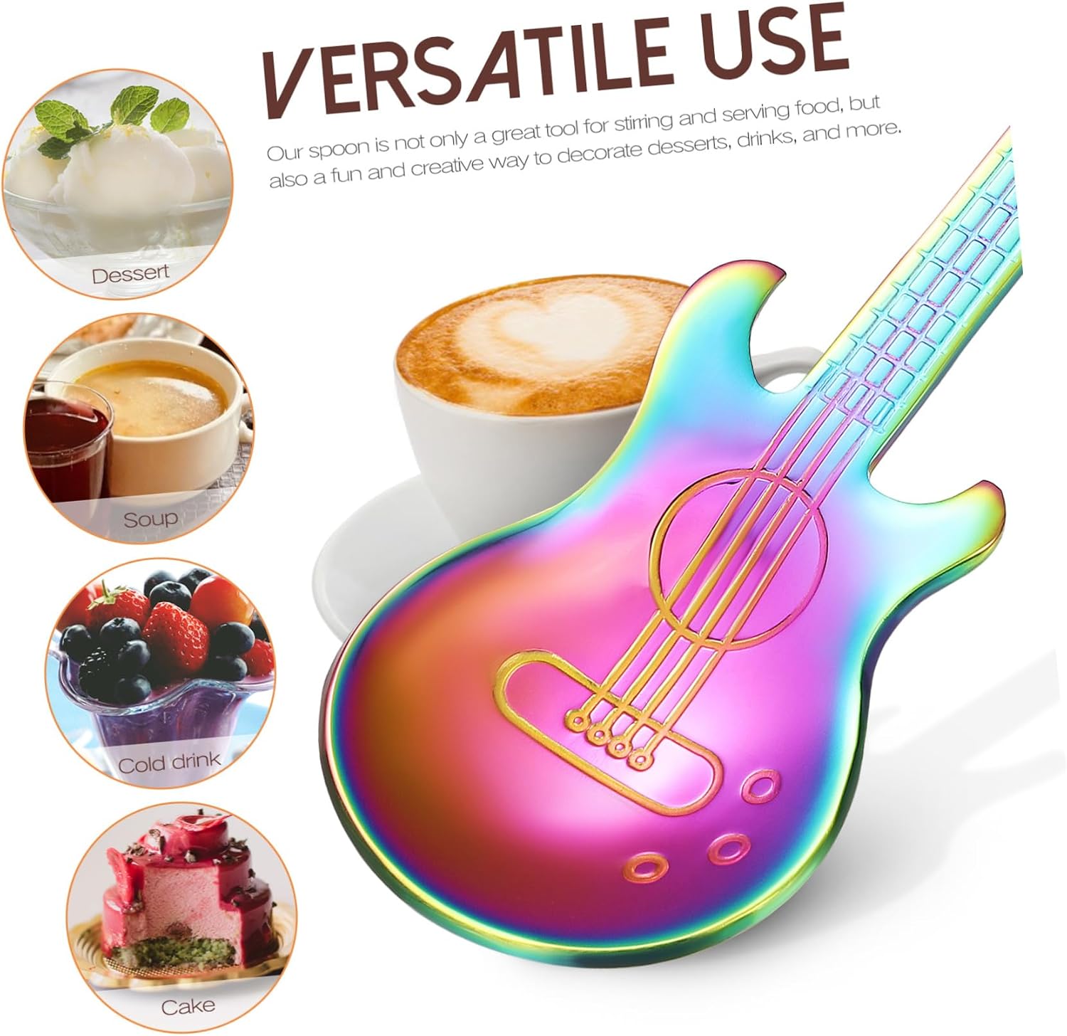 6pcs Rainbow Guitar Shape Spoons Set Unique Design Musical Silverware Stainless Steel Stirring Spoons for Dinner Tea Soup