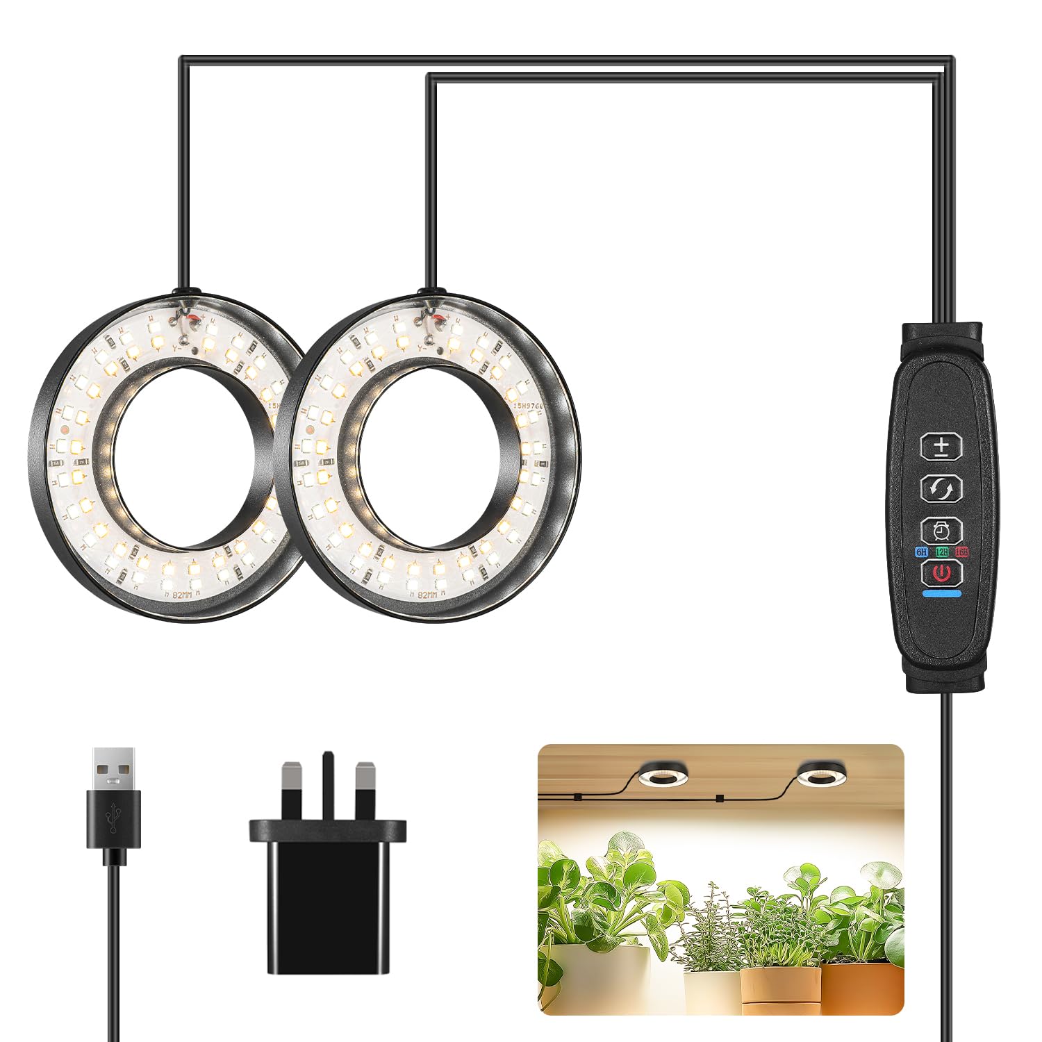Full Spectrum Grow Light for Indoor Plants, Warm White 2 Head Black Angel Ring Ceiling and Under Cabinet Plant Lamp with 6/12/16H Timer, 10 Dimmable Levels and 3 Modes