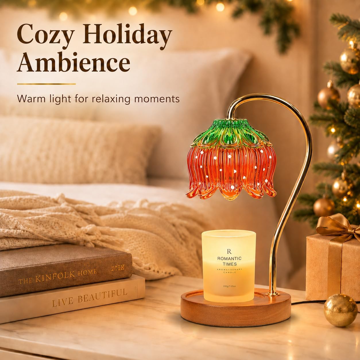 Candle Warmer Lamp with Crystal Glass Flower Shade, Dimmable, Timer, Wood Base, GU10 Bulb Included (Strawberry)