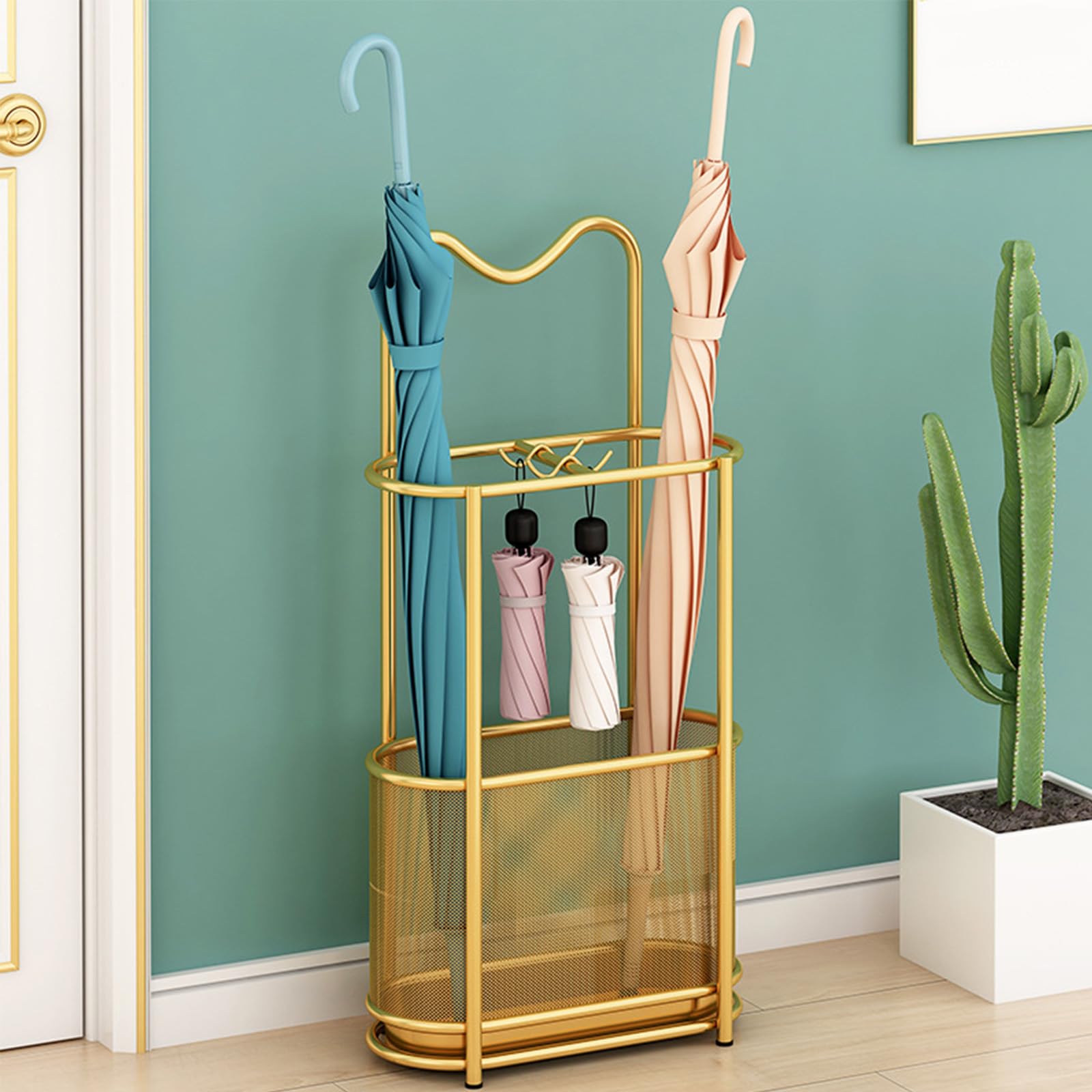 WQPMNYG Metal Umbrella Stand Freestandingwith Drip Tray & Hooks Space-Saving Home Office Patio Decor Entryway Storage Solution