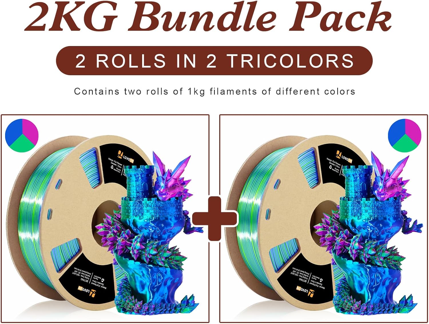 LOVOON Silk PLA 3D Printing Filament Bundle 2KG, PLA Filament 1.75mm Shiny Tricolor Pack Fast Color Change 3D Printer Filament, Get 2 Spools of Silk Blue/Green/Red, 1KG X 2 Spools