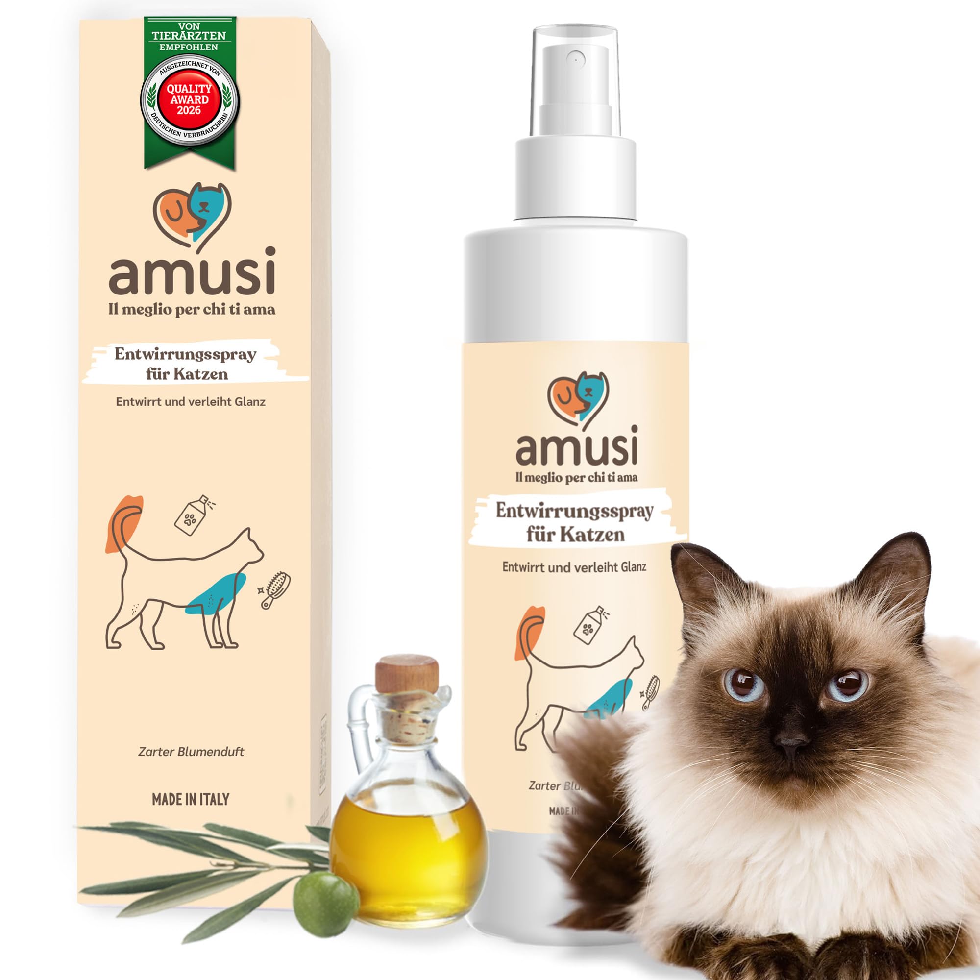 amusi Katzen Haar Entwirrungsspray 250 ml 100% Natürlich und Vegan - Entwirrt und löst Katzenknoten - Macht das Fell weich und glänzend - Kein Ausspülen erforderlich und duftet. Für alle Fellarten