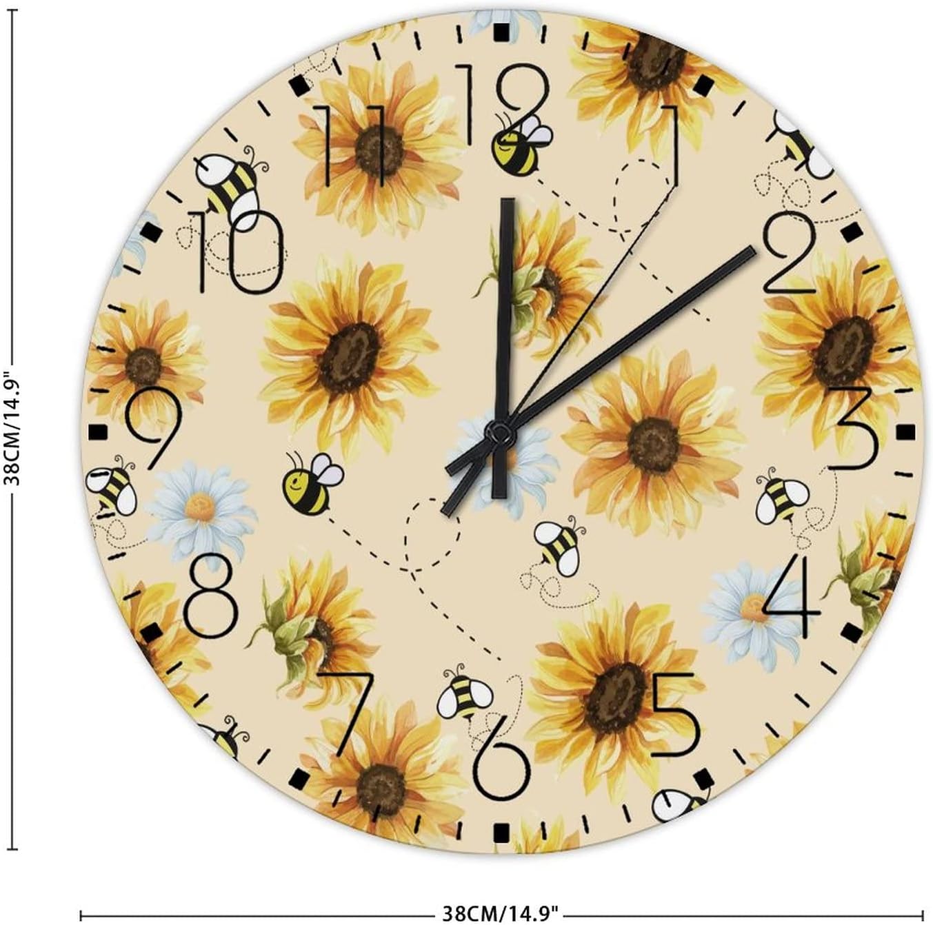 15 Inch Silent Wall Clock Sunflower and Bee Print Coffee Decor for Lofts Frameless Seasonal Spring Summer Flowers Wall Clocks Round Wooden Wall Clock Vintage for Above Fireplace Yoga Room