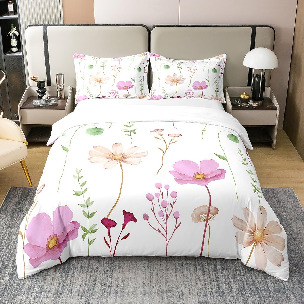 Housse de couette blanche minimaliste moderne et linge de lit imprimé floral