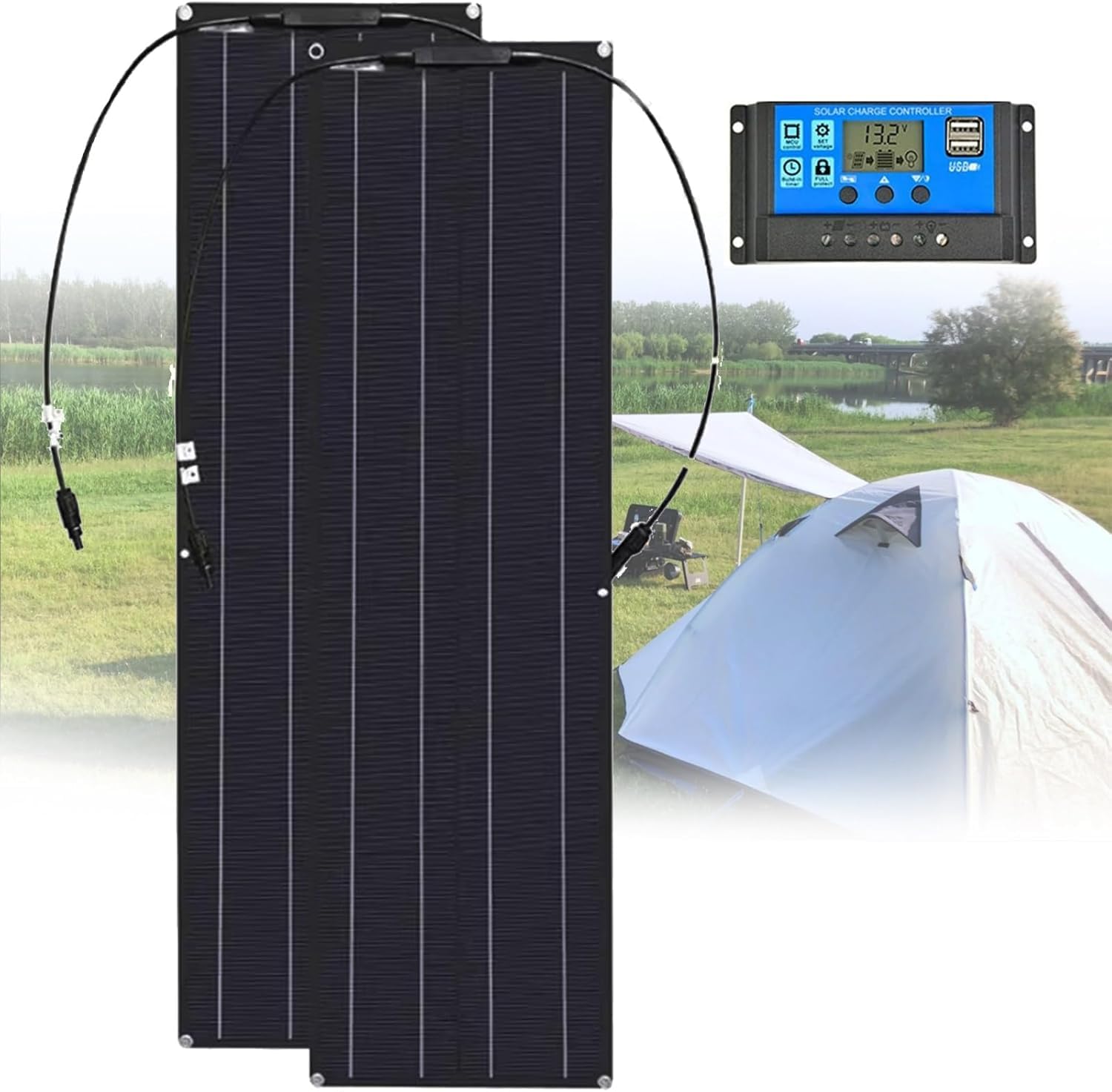 GZGHRZQS Flexible Solar Panel Kit 200W/400W/800W, Campervan Solar Panel Kit Upgrade, Monocrystalline With 40A Charge Controller & Cable, IP67, For RV, Home, Camping, Boat