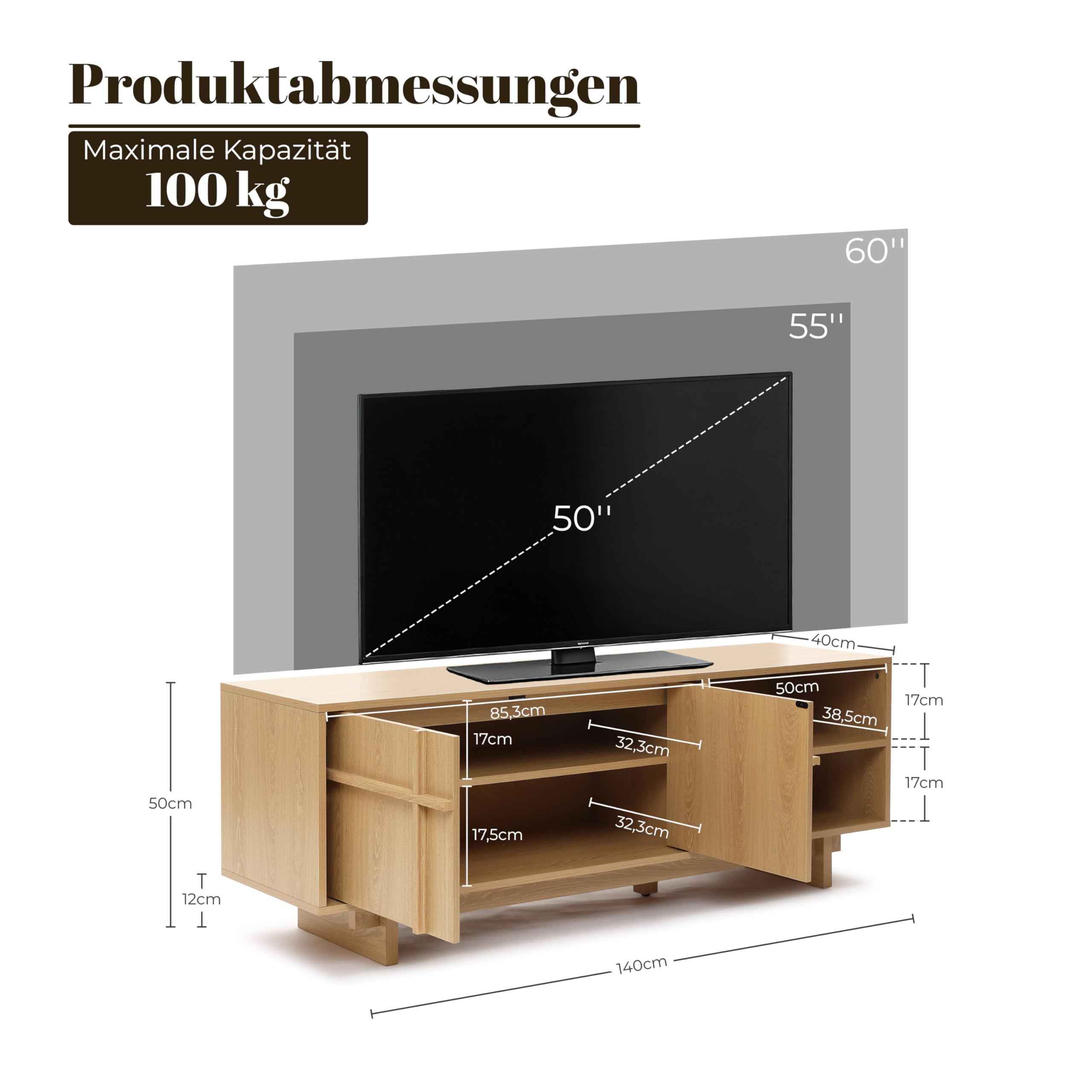Hometopia TV Schrank 140 cm, Fernsehschrank im modernen skandinavischen Stil, TV-Lowboard stehend mit 2 Türen & 2 Ablagen, für TV bis 60 Zoll, geeignet für Wohnzimmer & Schlafzimmer