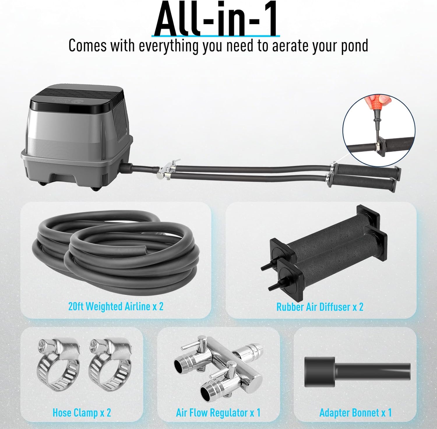 AquaMiracle Koi Pond Aerator Pond Air Pump for Outdoor Ponds 5000-10000 Gallons, All-in-One Aeration Kit with Self-Sinking Airline Flow Control Rubber Air Diffuser