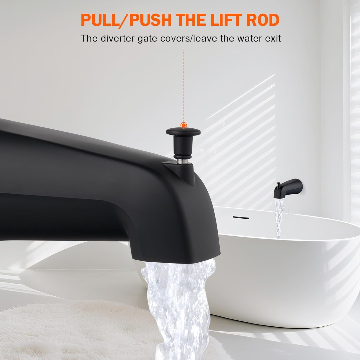 Bathroom Tub Spout Plastic Non-Metallic Fits 4 Inch Reach Wall Front Mount Slip-on Tub Spout with 1/2'' Copper Water Tube with Hex Wrench, Matte Black (1 Pack)