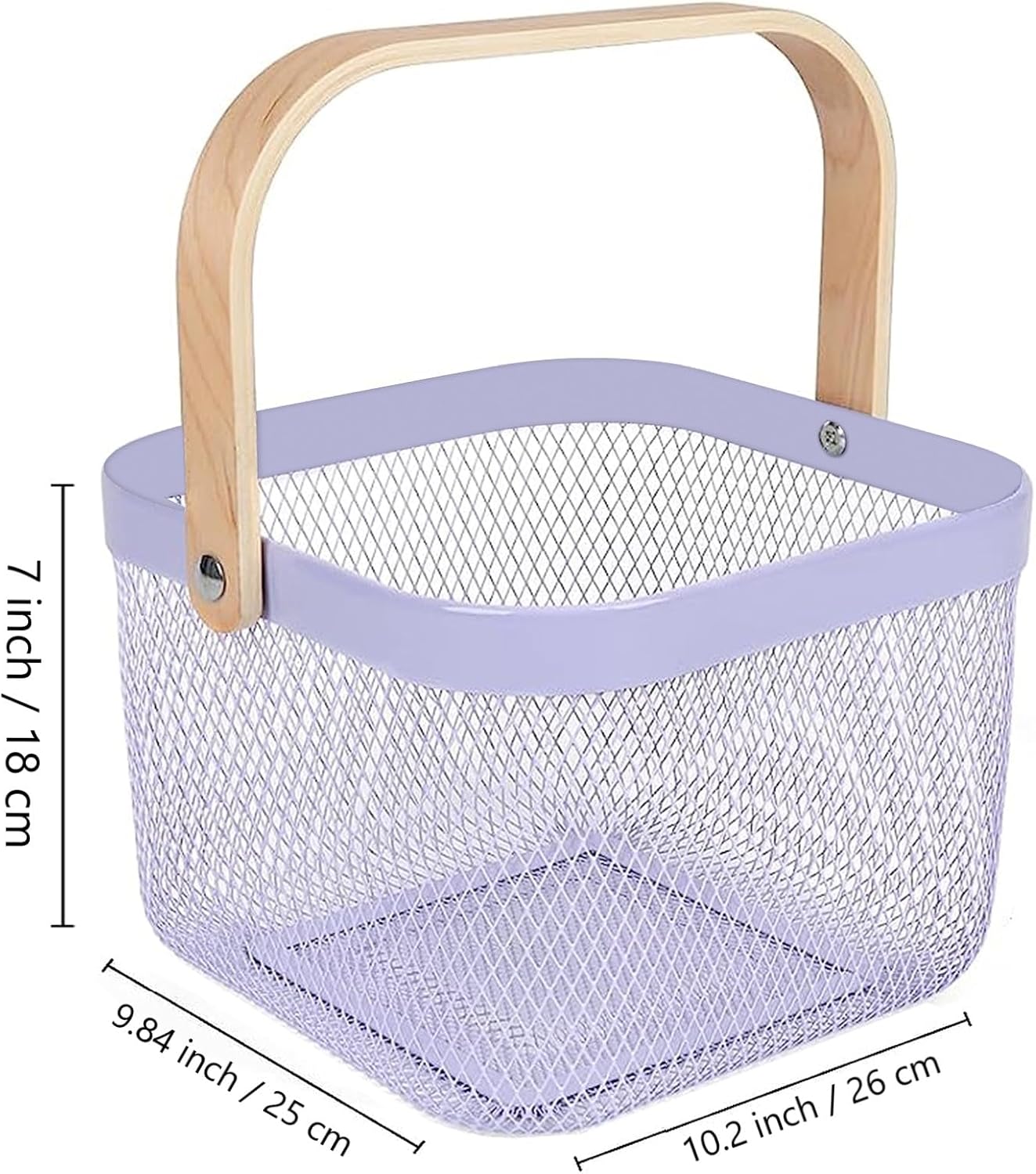 AJIODA Metal Mesh Steel Basket, Storage Organizer Basket Multi-functional Hanging Kitchen Baskets Fruit Basket Bin with Bamboo Handle for Kitchen Bathroom Picnic Shopping Decor Cabinet Home, Purple
