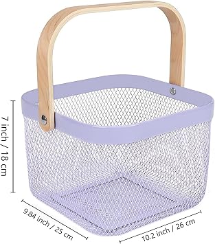 AJIODA Metal Mesh Steel Basket, Storage Organizer Basket Multi-functional Hanging Kitchen Baskets Fruit Basket Bin with Bamboo Handle for Kitchen Bathroom Picnic Shopping Decor Cabinet Home, Purple