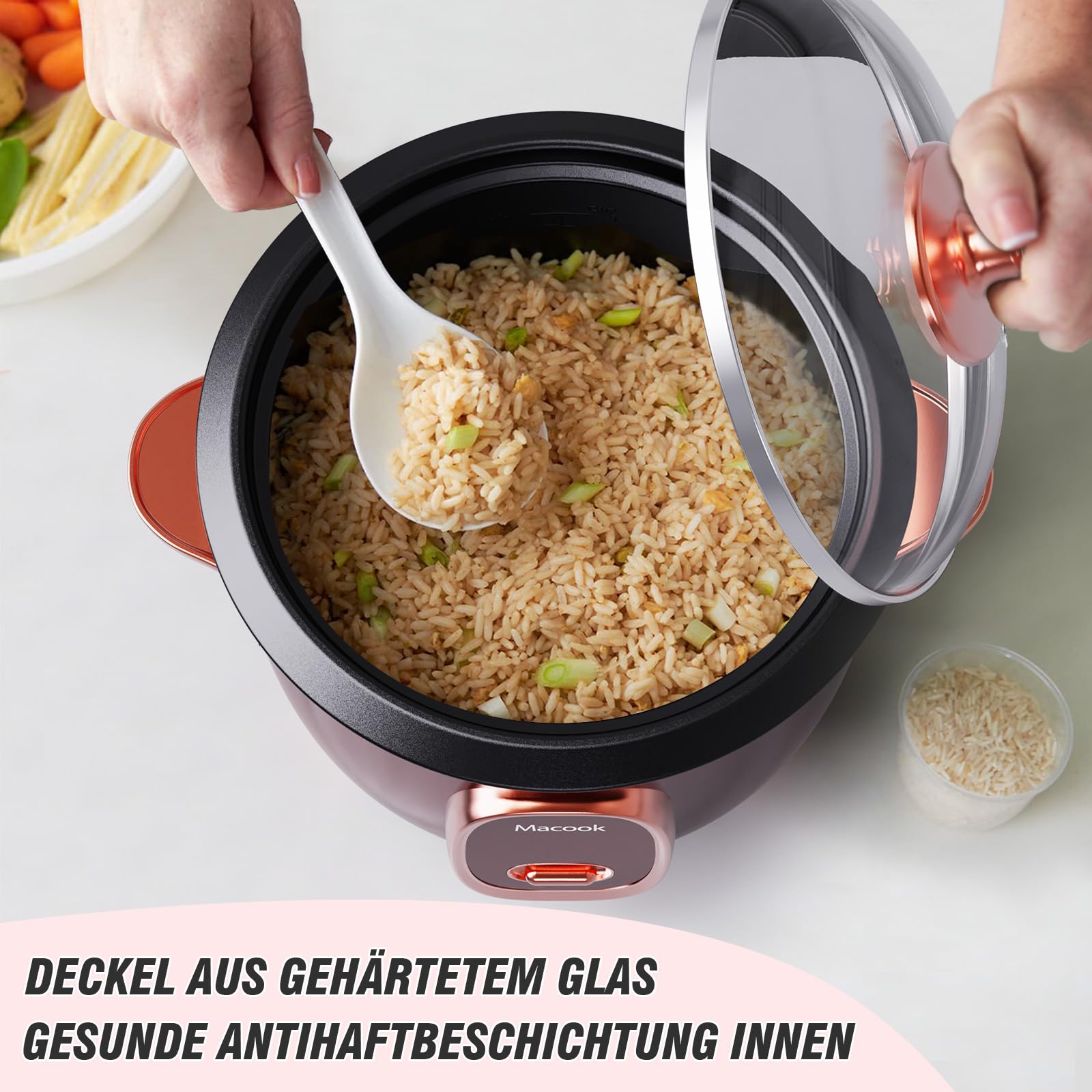 Macook Reiskocher & Dampfgarer mit Antihaft-Innentopf - 1L, Burgunderrot - Für 1-5 Personen - Schnelle Zubereitung ohne Anbrennen - Mit Warmhaltefunktion inkl. Dämpfeinsatz, Löffel & Messbecher