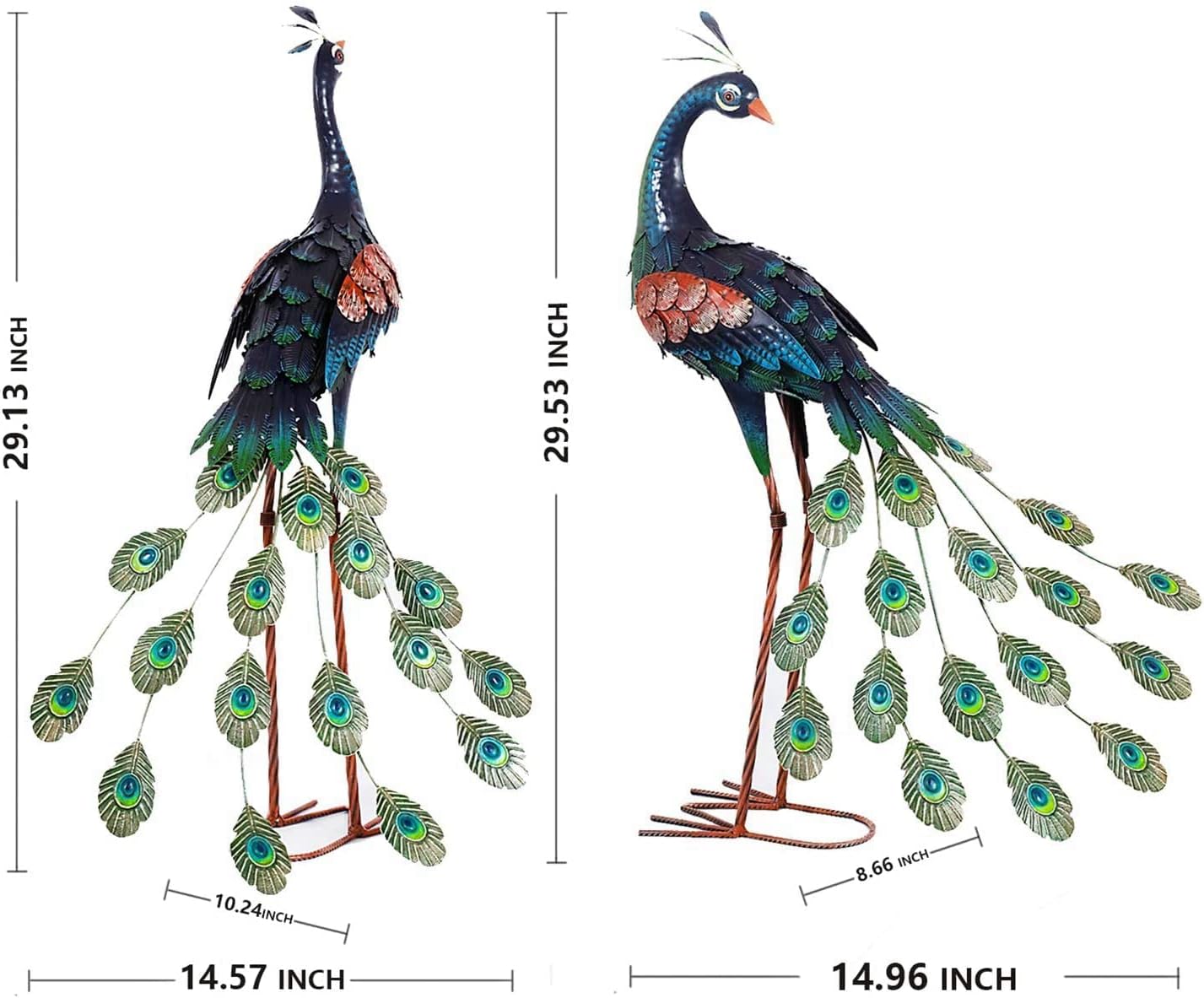 chisheen Garden Decor Outdoor Statues, Metal Peacock Decor for Outside, Garden Art Sculptures Standing for Patio Yard Lawn Home Decorations, Set of 2