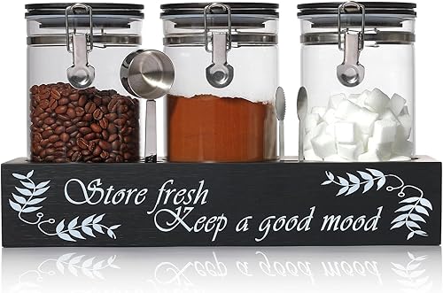 Recipientes de café de vidrio con tapa de bambú con abrazadera de bloqueo hermético, almacenamiento de granos de café de 3 x 45 onzas con estante y