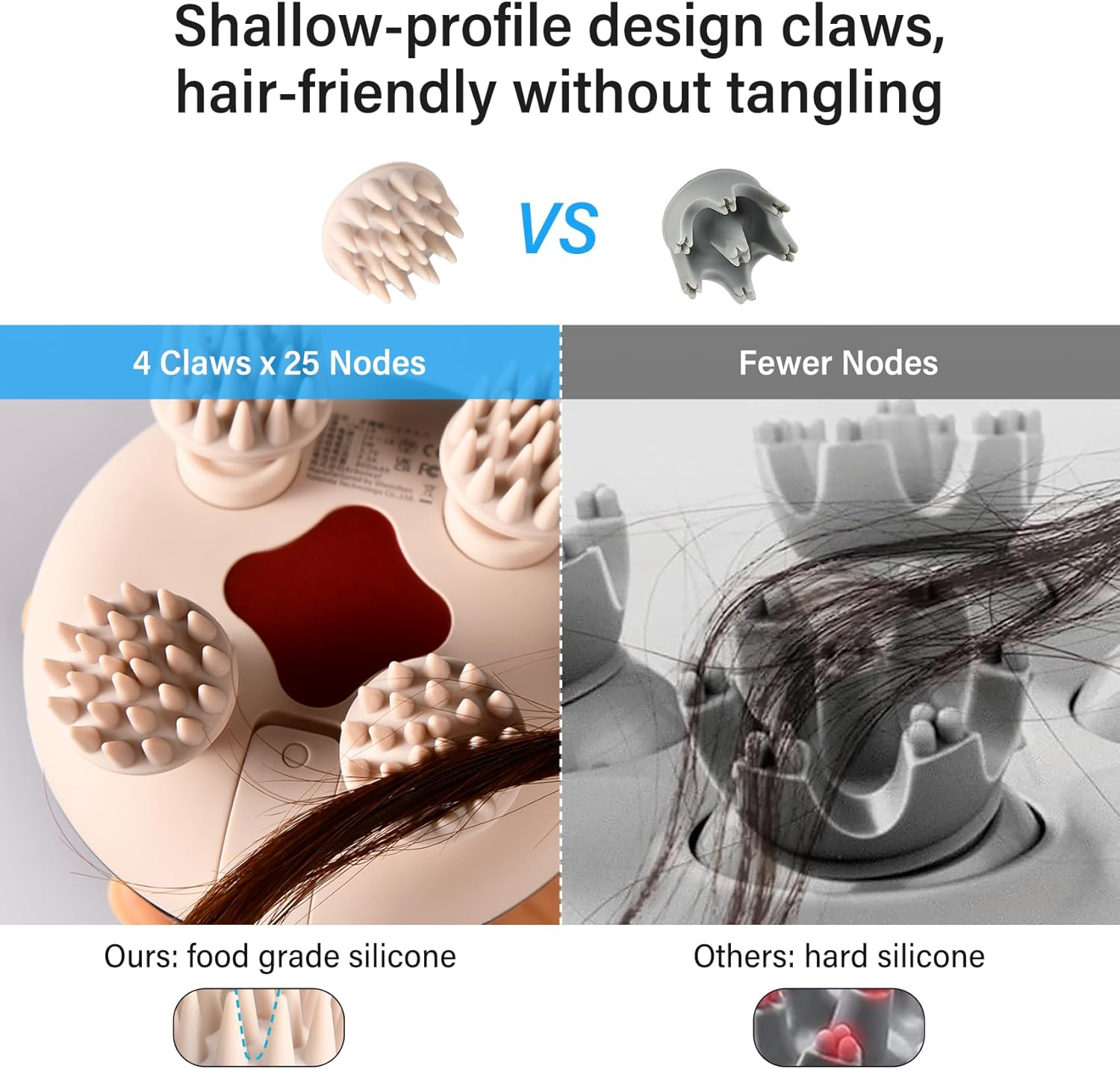 Comparison of arboleaf's hair-friendly silicone massage heads versus other designs that can tangle hair