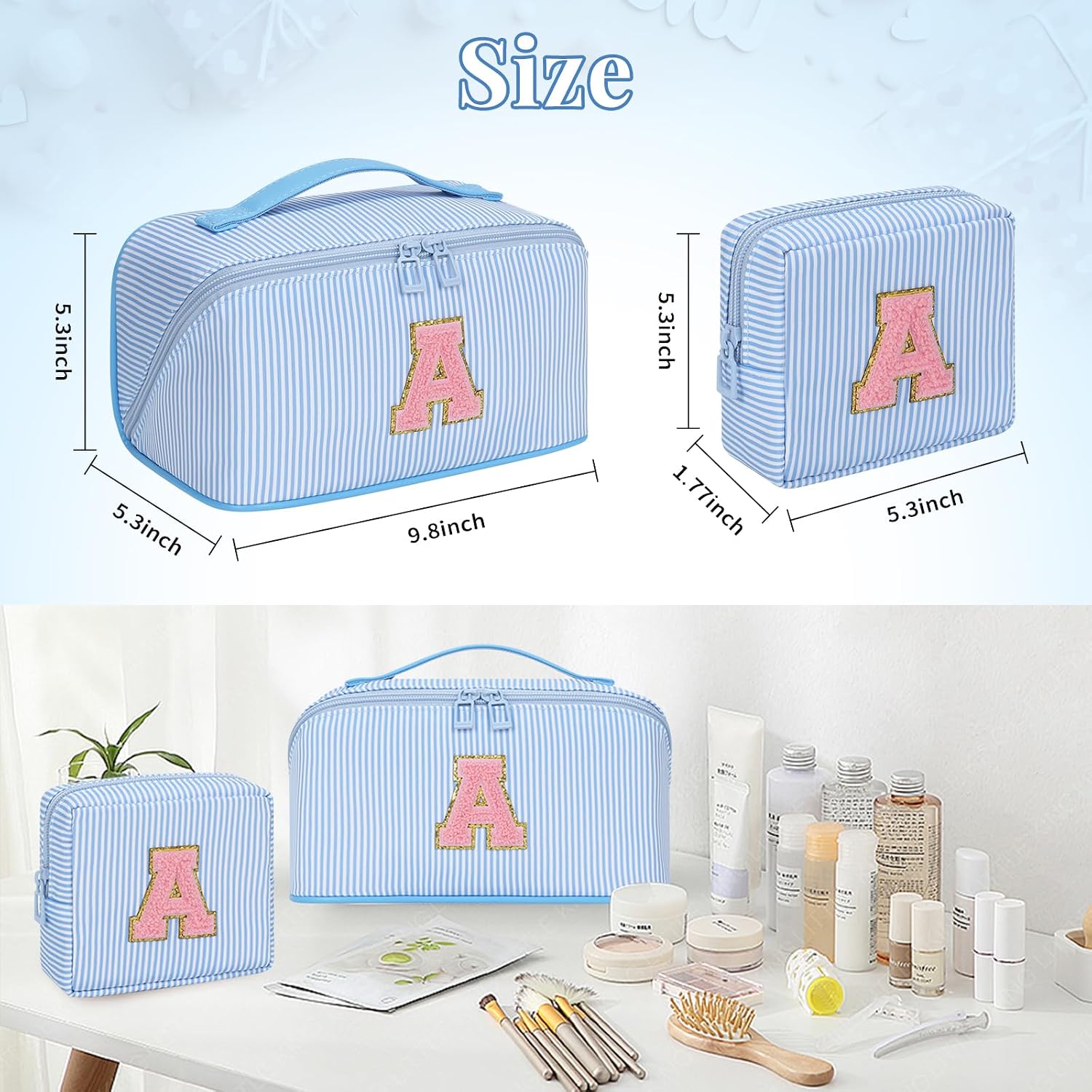 2026 Graduation Gifts - Travel Makeup Bag for Women, 2Pcs Portable Personalized Initial Makeup Organizer Bag, Open Flat Large Cosmetic Bag With Travel Essential Pouch (Blue Letter A)