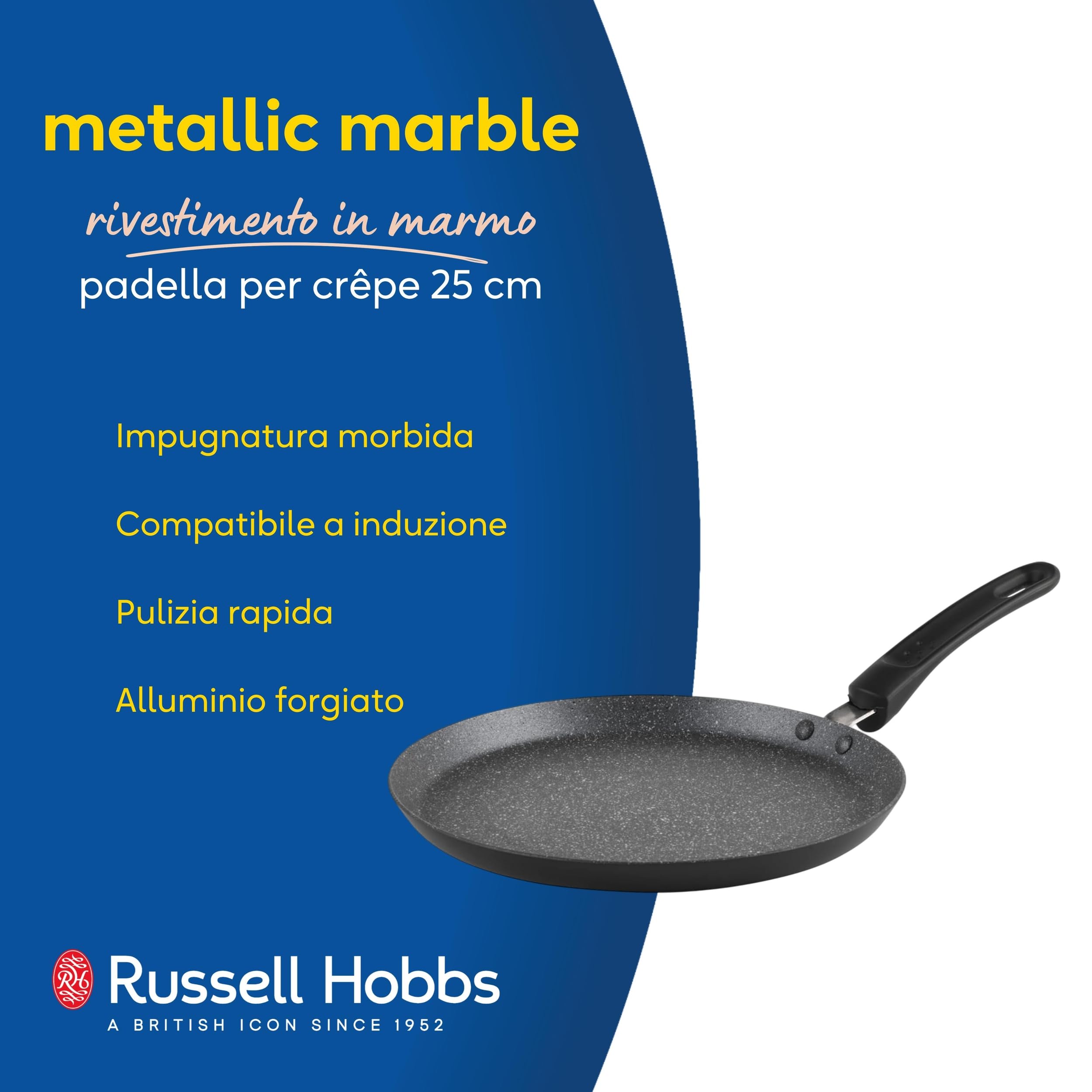 Russell Hobbs RH02852EU7 - Padella per crêpe e pancake, in alluminio, antiaderente, grande, piatta, 25 cm, rivestimento in marmo metallico, impugnatura morbida, adatta a piano cottura a induzione, per