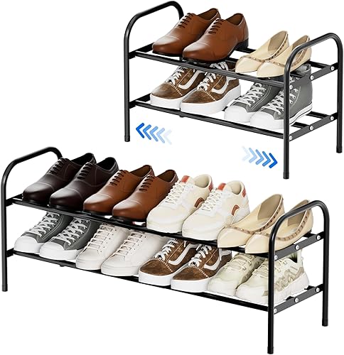 Zapatero expandible de 2 niveles, zapatero ajustable para armario y entrada, organizador de zapatos de metal extensible con ancho ajustable, estante