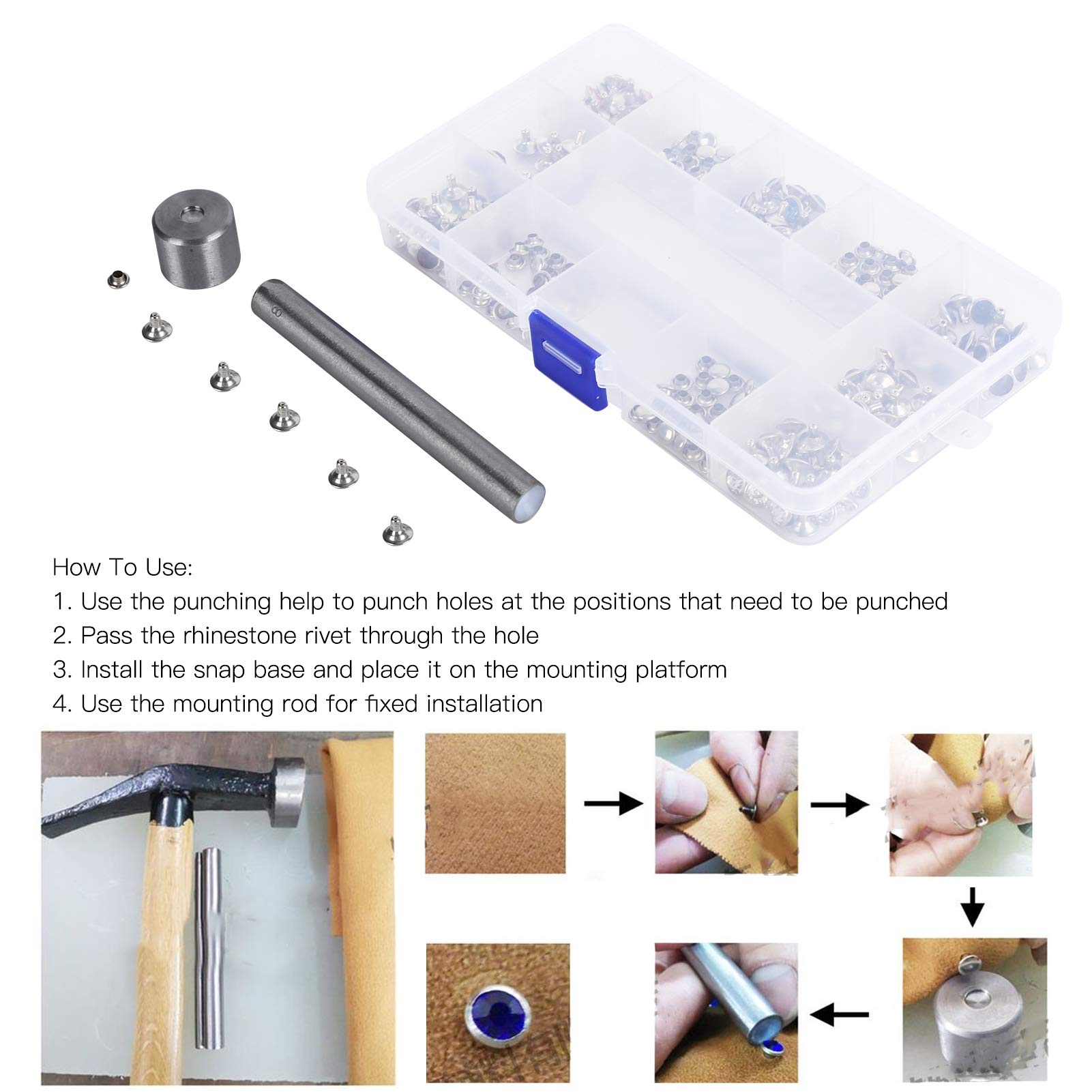 140 Sets 8mm Rhinestone Leather Rivets Kit, Rapid Leathercraft Crystal Tubular Metal Studs with 3 Tools, Clothing Studs and Spikes Kit Crystal Rivets