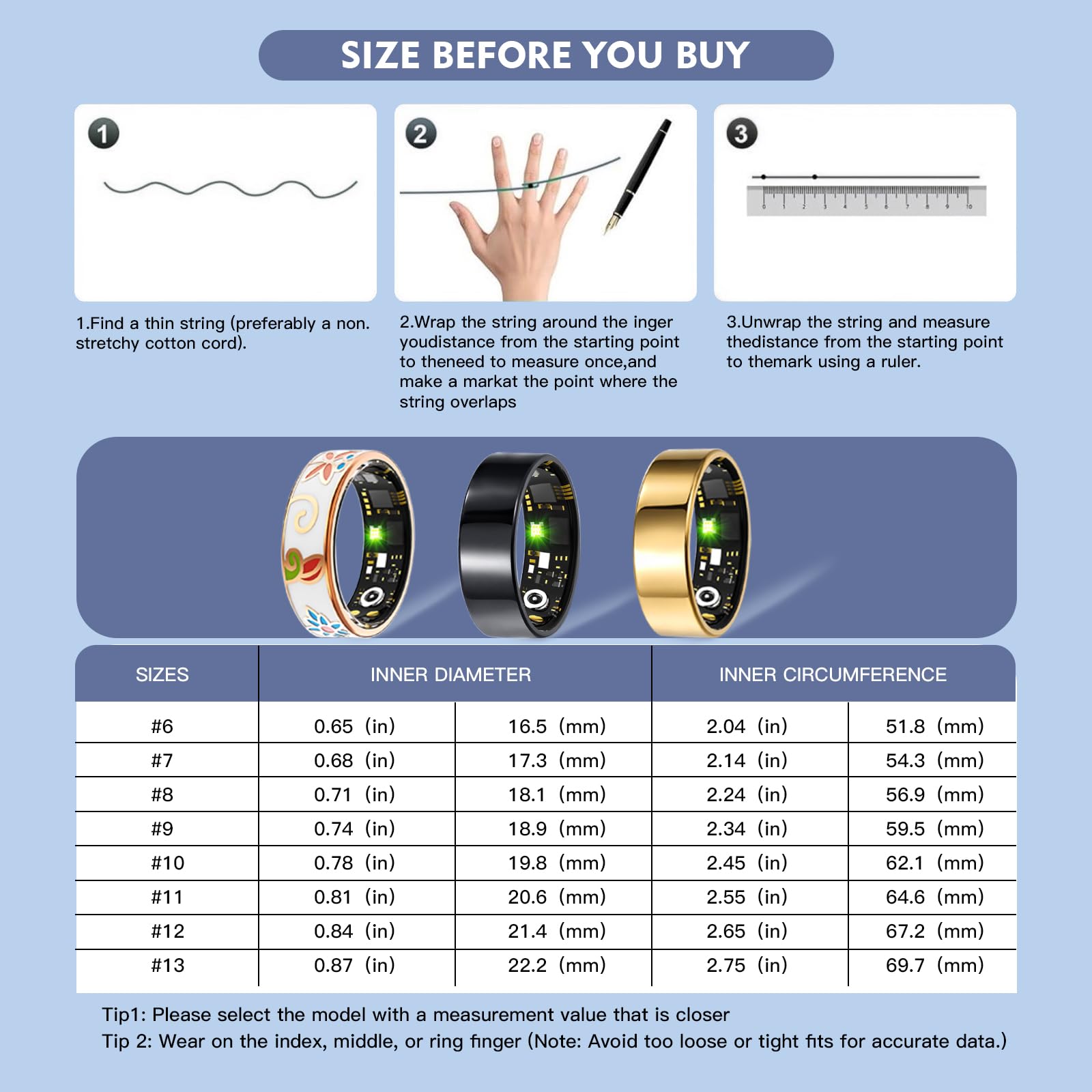 Smart Ring Health Tracker per donne e uomini, monitoraggio del sonno con frequenza cardiaca, SpO₂, pressione sanguigna, anello fitness per monitoraggio attività, senza abbonamento, anello Step Tracker