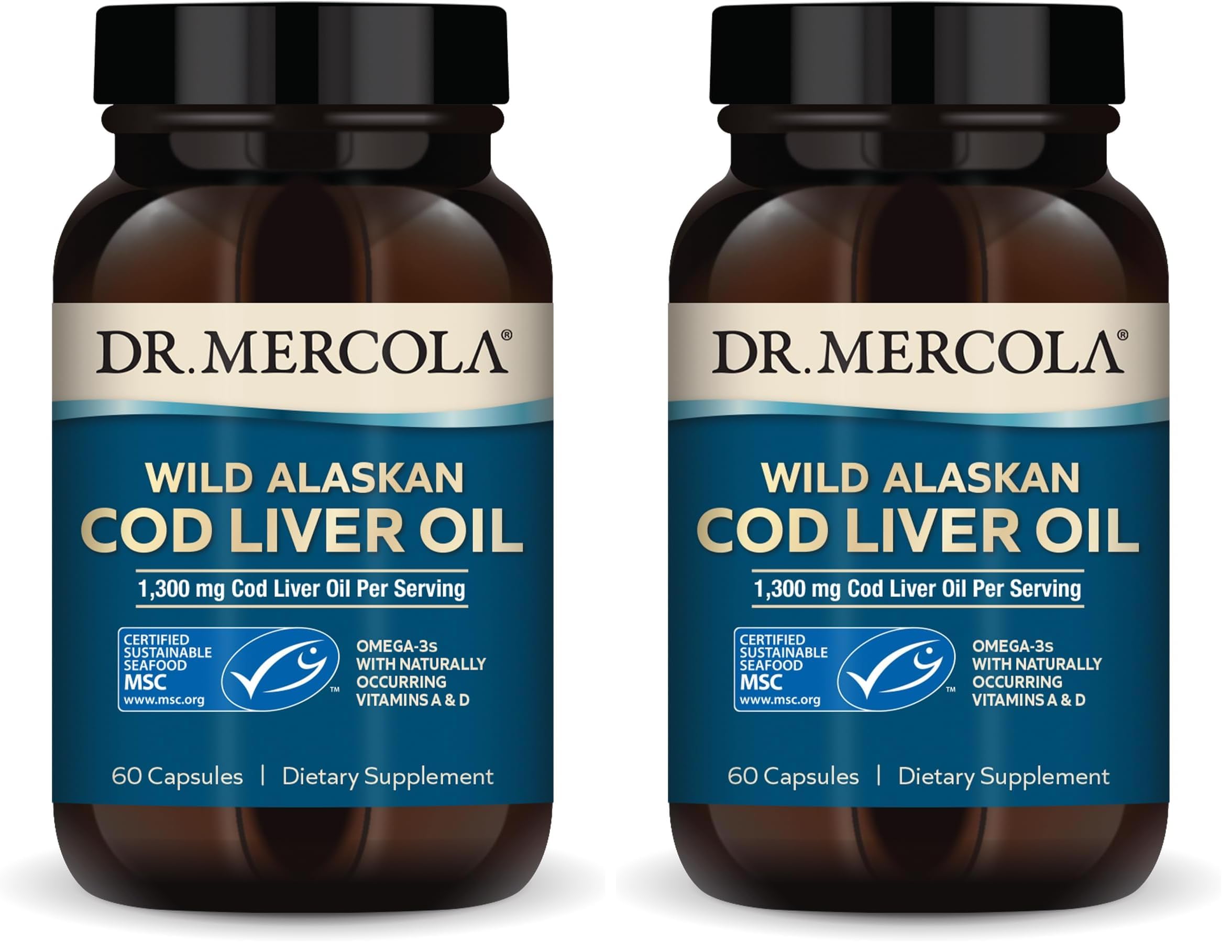 Dr. Mercola Cod Liver Oil, 1,300 mg Per Serving, 30 Servings (60 Capsules), Dietary Supplement, Supports Brain, Bone and Joint Health, Non-GMO, MSC Certified (Pack of 2)