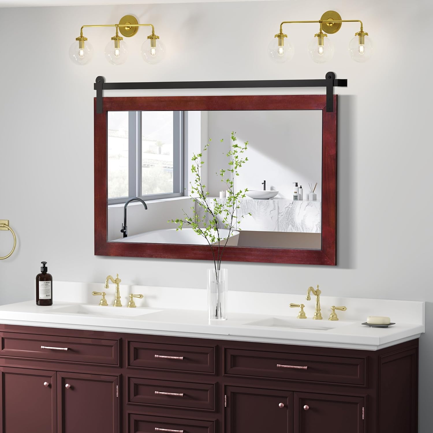 COGOOD Farmhouse Bathroom Mirror - 45 x 30 Rustic Wood Framed Wall Barn Door Mirror for Entryway, Living Room, Entryway Wall Decor (Espresso) Espresso 45"L x 30"W