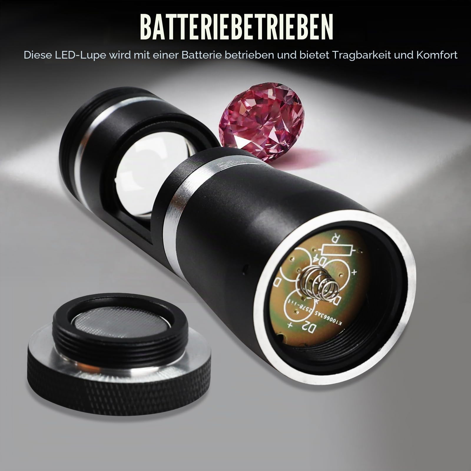 10-fache Triplettlinse, 20,5 mm Vergrößerung, Dunkelfeldlupe mit integriertem LED-Licht, kompaktes Aluminium-Design, optisches Glas, tragbares Edelstein- und Mineralinspektionswerkzeug