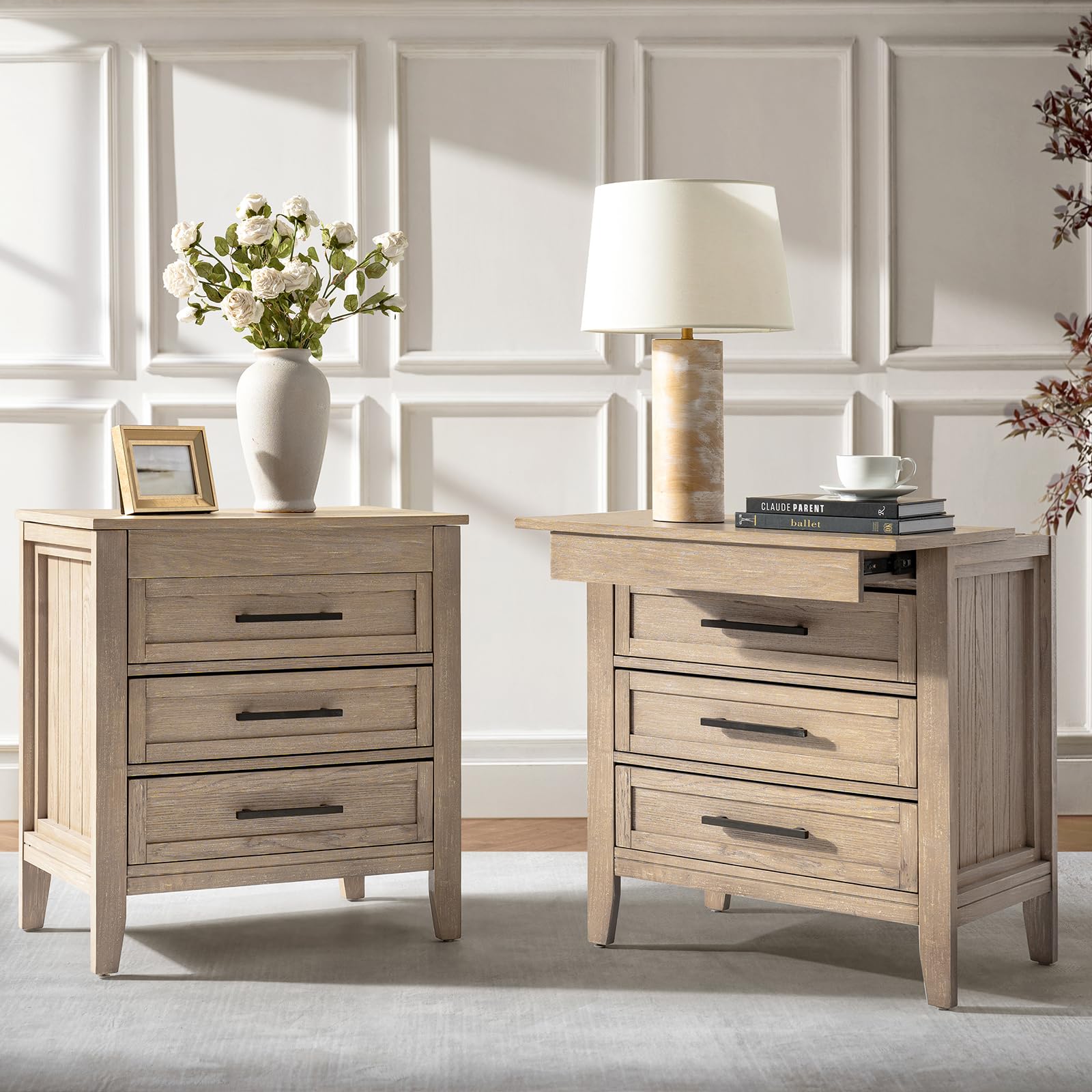 HULALA HOME 3 Drawer Nightstand with Pull-Out Drawer, 30" Height Wood Nightstand with Charge Station(Set of 2, Oak)