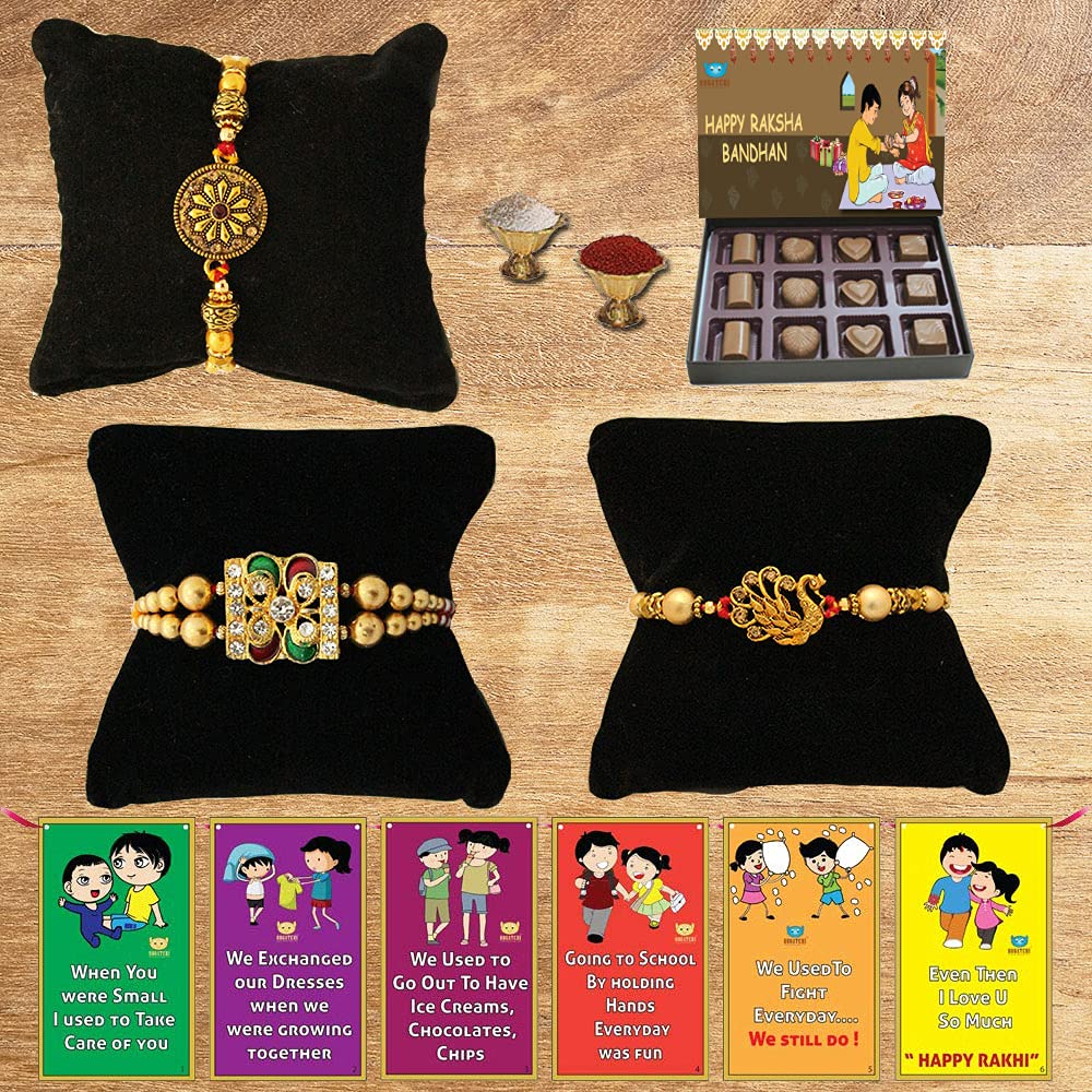 BOGATCHI Rakhi Gift Hamper for Brother – 12-Piece Chocolate Box, Set of 3 Designer Rakhis, Roli Chawal & Free Rakhi Story Card-image-32