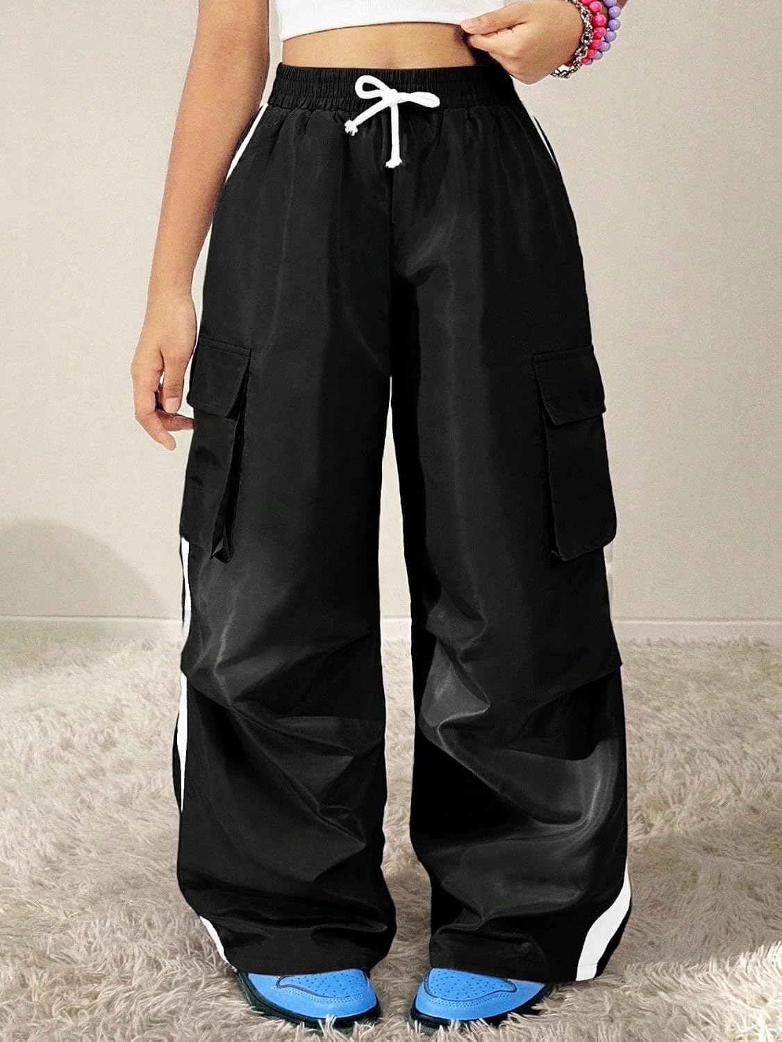 Girls Cargo Pants Wide Leg White Side Stripe Track Trousers with Pockets Baggy Streetwear Y2K Aesthetic