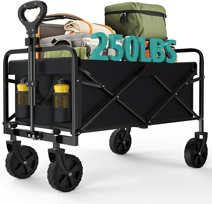 OLIXIS Heavy Duty Wagon Cart with Wheels Foldable,Large Collapsible Wagons Carts with All-Terrain Wheels,Smooth Maneuverability,Suitable for Gardening,Camping and Beach,Black