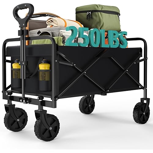 OLIXIS Heavy Duty Wagon Cart with Wheels Foldable,Large Collapsible Wagons Carts with All-Terrain Wheels,Smooth Maneuverability,Suitable for Gardening,Camping and Beach,Black