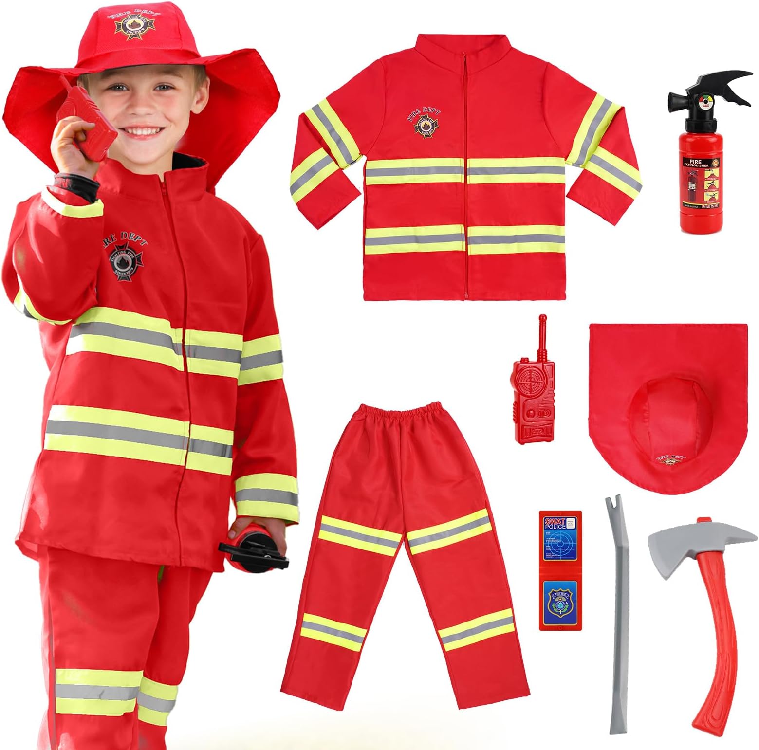 Kids Fireman Costume, Kids Firefighter Costume and Accessories, Children Role Play Halloween Costumes, Dress Up Firefighter Outfit for Boys and Girls, Halloween Cosplay Fancy Dress