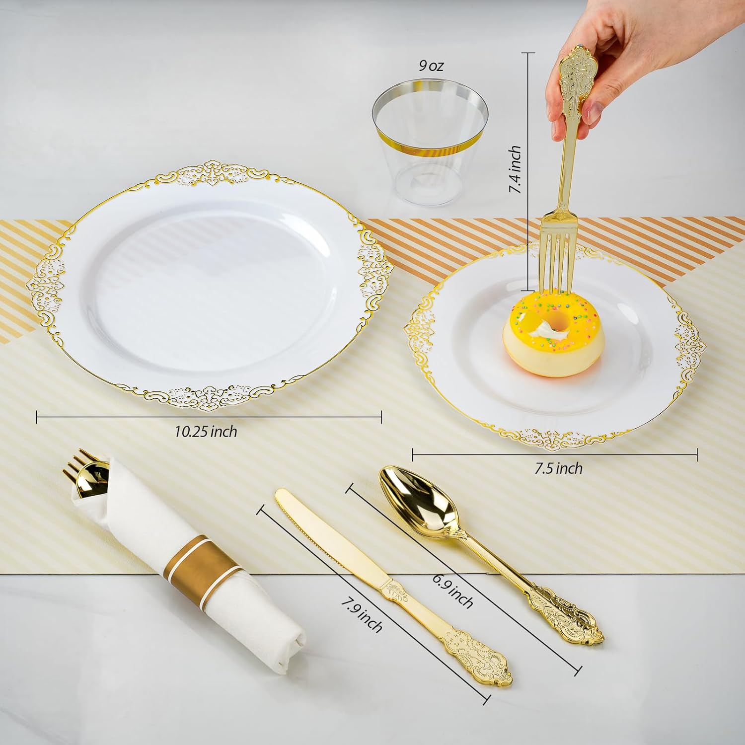350PCS Gold Plastic Plates for 50 Guests, Disposable Dinnerware Sets Include 100 Gold Rim Plastic Plates, 50 Silverwares, 50 Cups, and 50 Pre Rolled Napkins for Party, Wedding, Graduation - Image 2