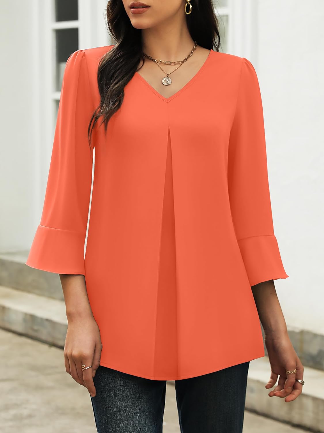 Funlingo Womens 3/4 Length Sleeve Tops Dressy Casual V Neck Business Chiffon Blouses Pleated Trendy Work Shirts - Image 2