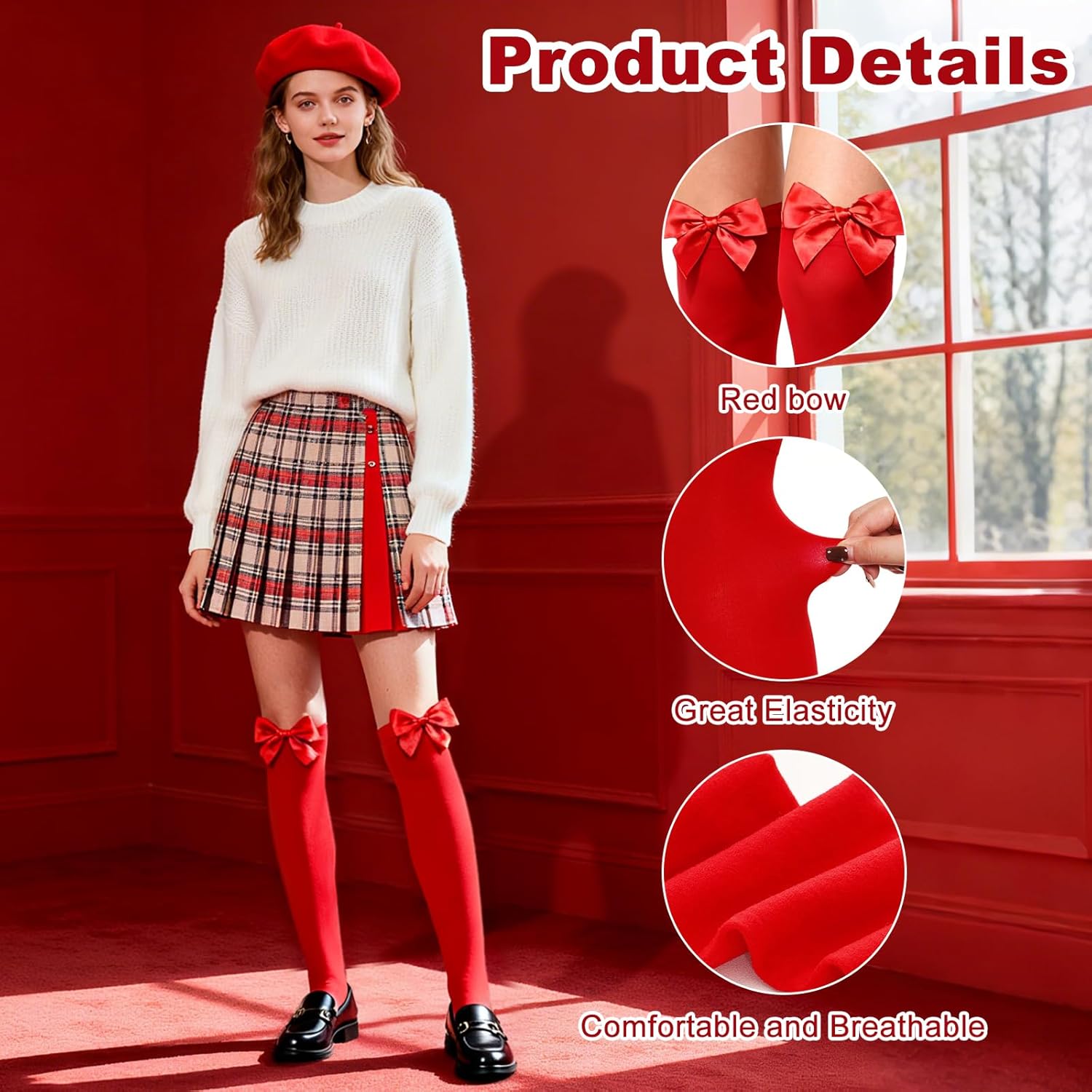 2 Pairs Red Thigh High Stockings with Satin Bow Christmas Knee High Socks with Red Bow Sexy Stockings for Woman - Image 4