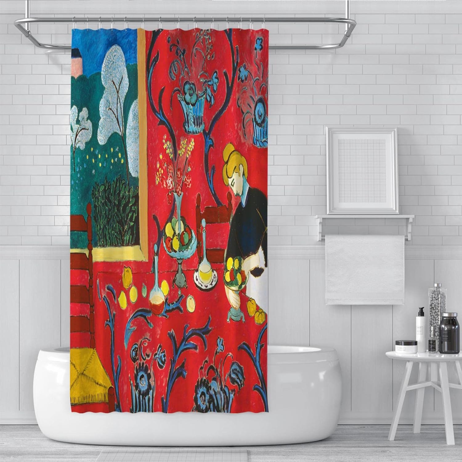 Extra Long Red Shower Curtain Henri Matisse Classical Art Fabric Washable Shower Curtain Liner Retro Boho Shower Curtains Waterproof W72 x L78(in)