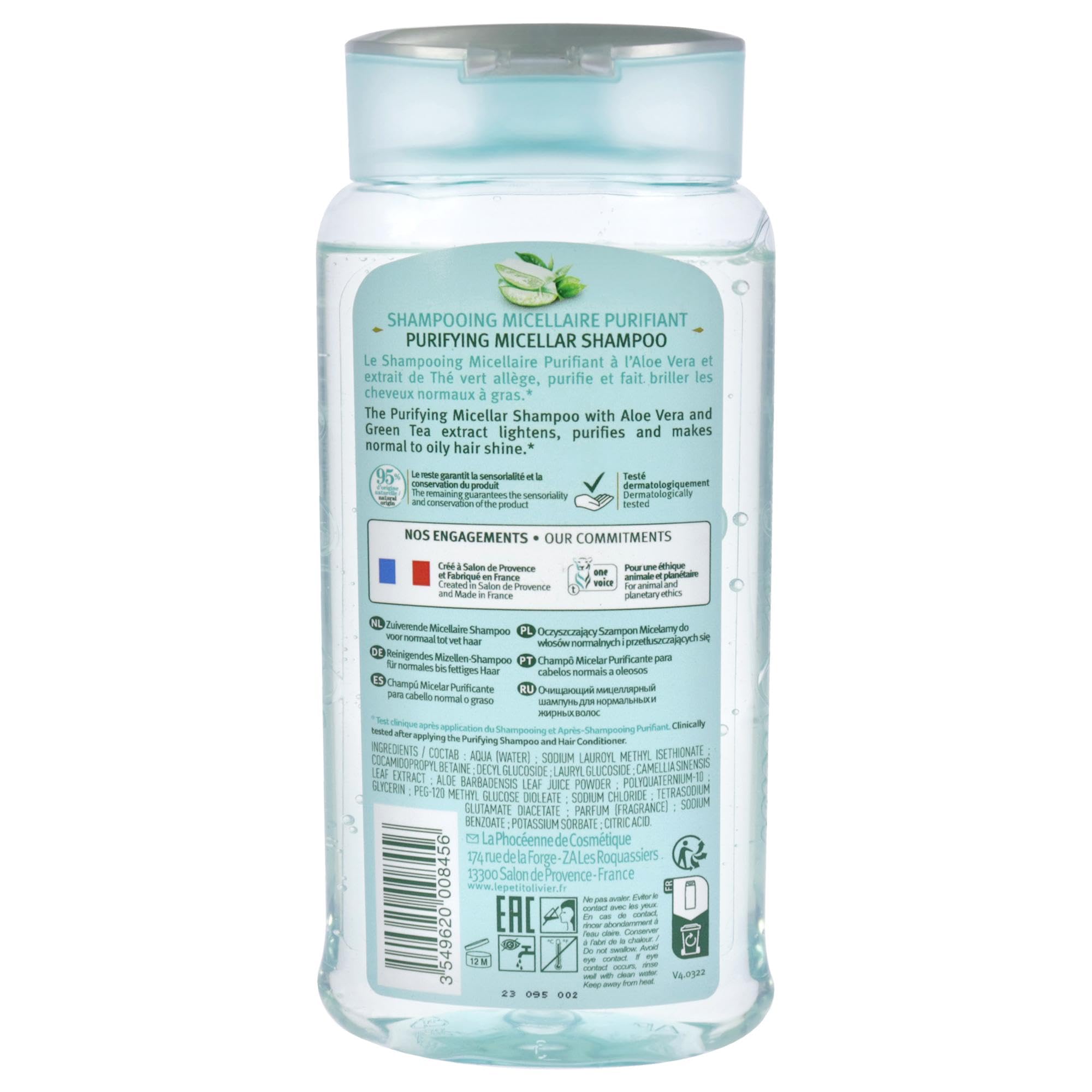 Le Petit Olivier Purifying Micellar Shampoo - Aloe Vera And Green Tea - Cleanses Hair And Scalp - Reduce Excess Sebum - Suitable For Normal To Oily Hair - Free Of Silicone, Sulfate, Paraben - 8.45 Oz