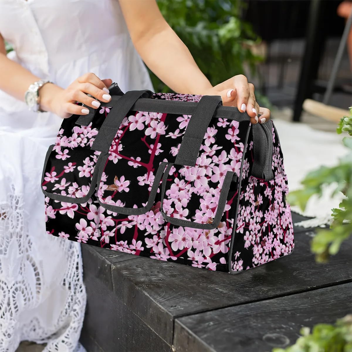 Cherry Blossoms Texture Tool Bag with Shoulder Strap Organizer Pockets Tools Tote Bags for Men Women Adult Toolbag for Car Home Work Travel Storage