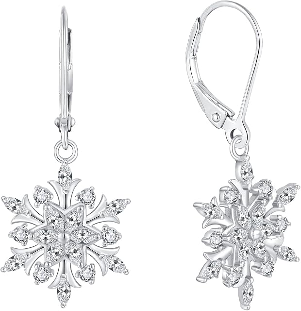 JO WISDOM Women Earrings,925 Sterling Silver Snowflake Leverback Dangle & Drop Earrings with 3A Cubic Zirconia
